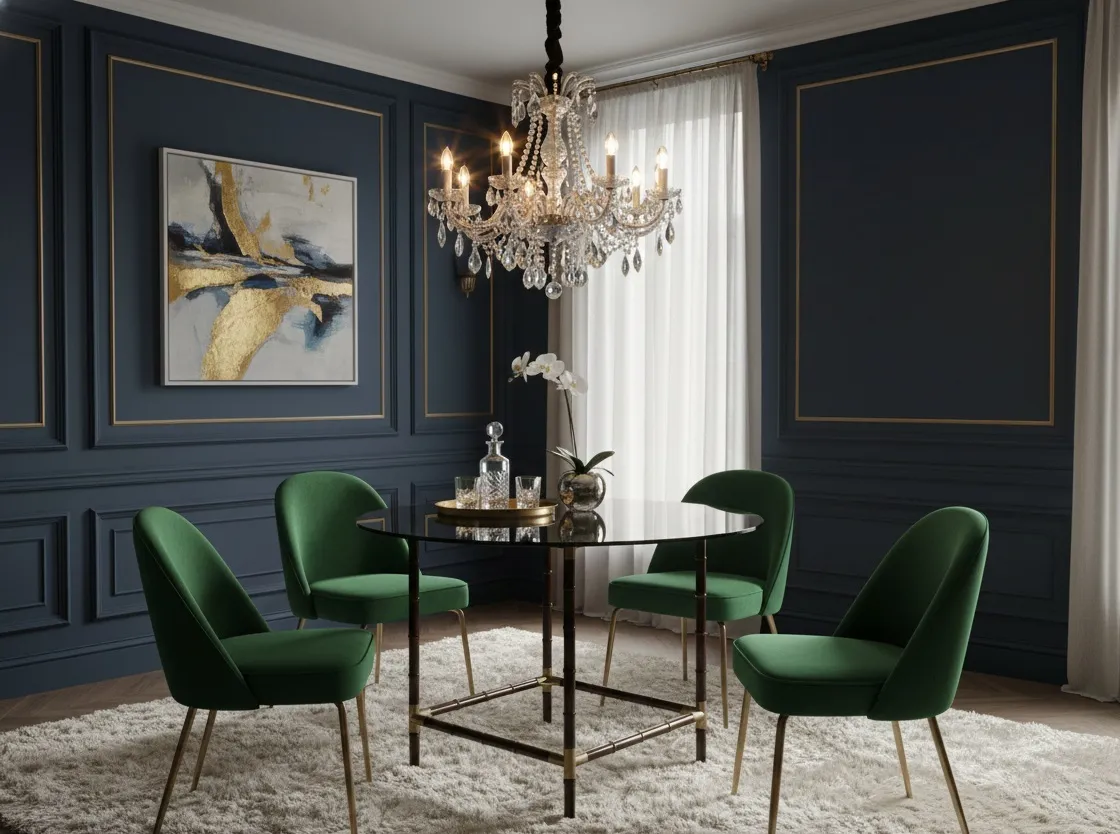 Tavolo da pranzo antico con sedie verdi in un ambiente elegante