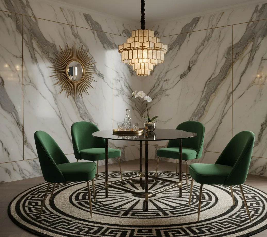 antique dining table with green chairs in a modern setting