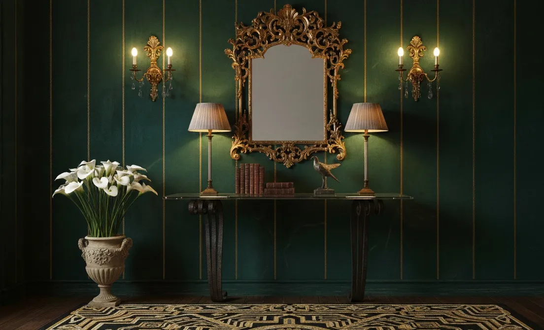 Consolle antica decorativa con lampade e fiori