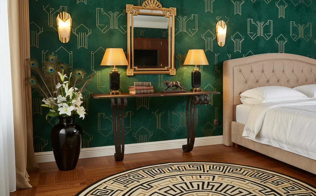 Consola antica in un soggiorno elegante con fiori e lampade.