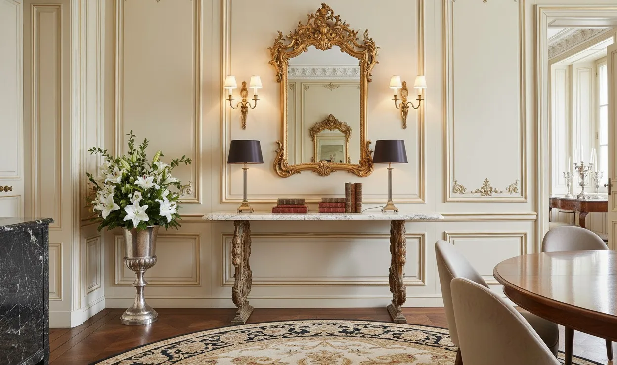 Ancienne console avec des lampes et un miroir, décorée avec élégance