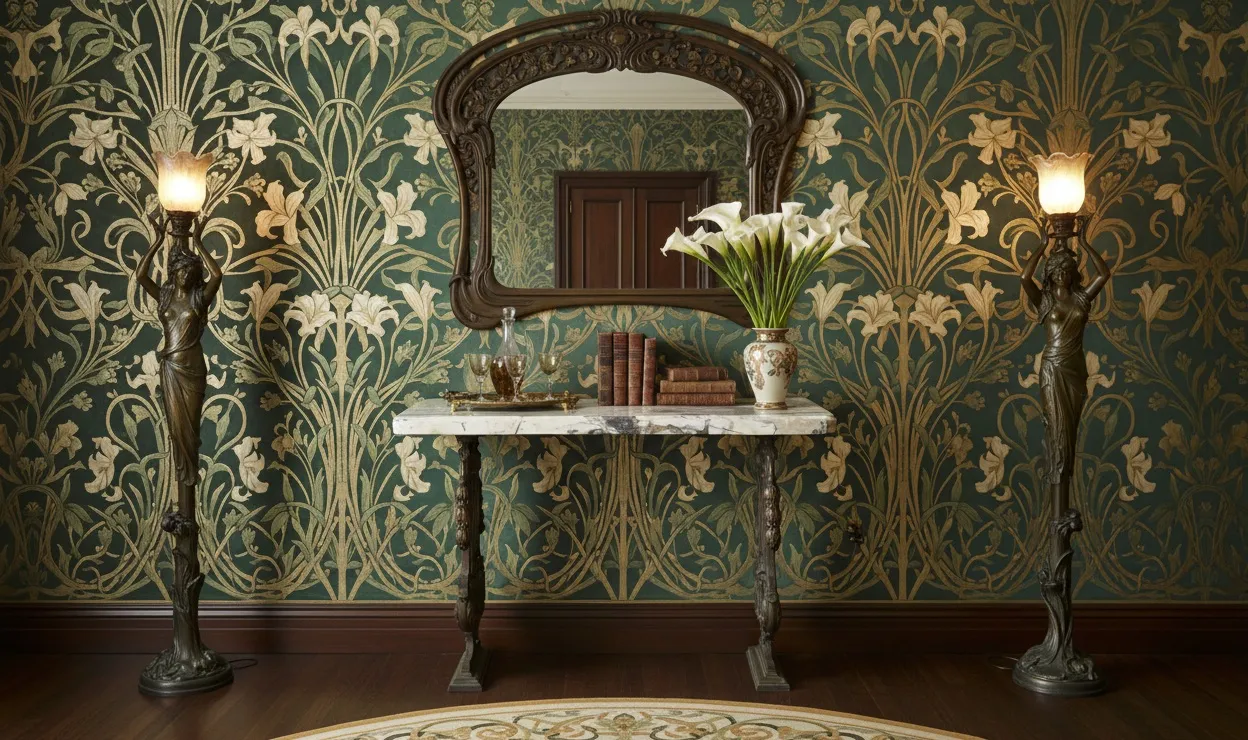 antigua consola decorativa con espejo y flores