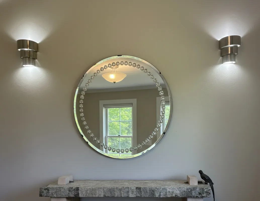 miroir ancien de forme ronde avec lumières décoratives