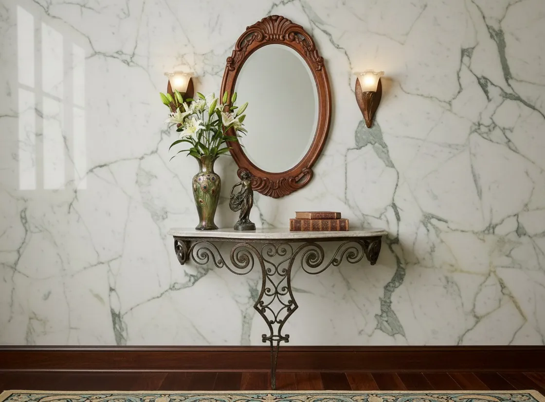 Consola antiga estilo Art Nouveau com espelho e flores.