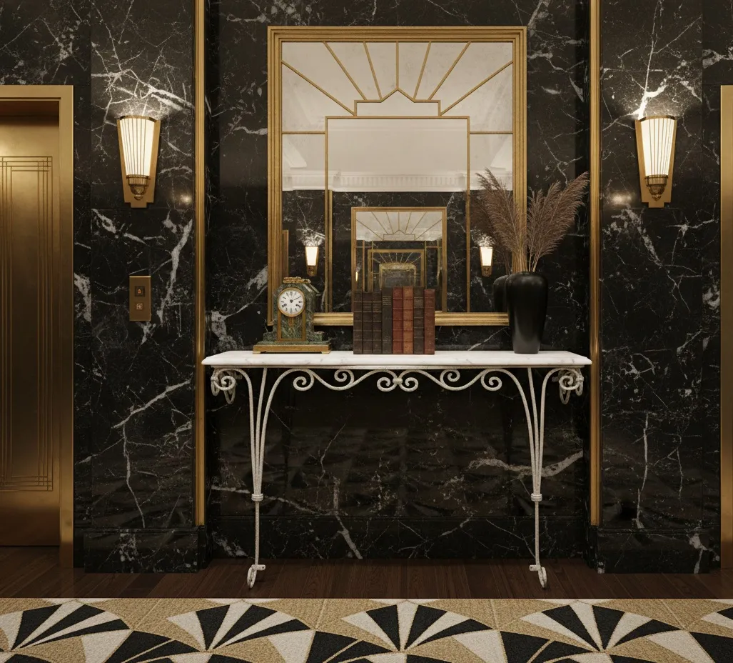 console ancienne style français devant un miroir doré