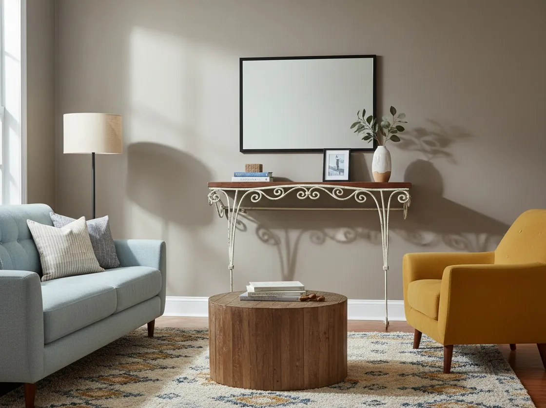 visualizacao de uma antiga consolo com prateleira decorativa