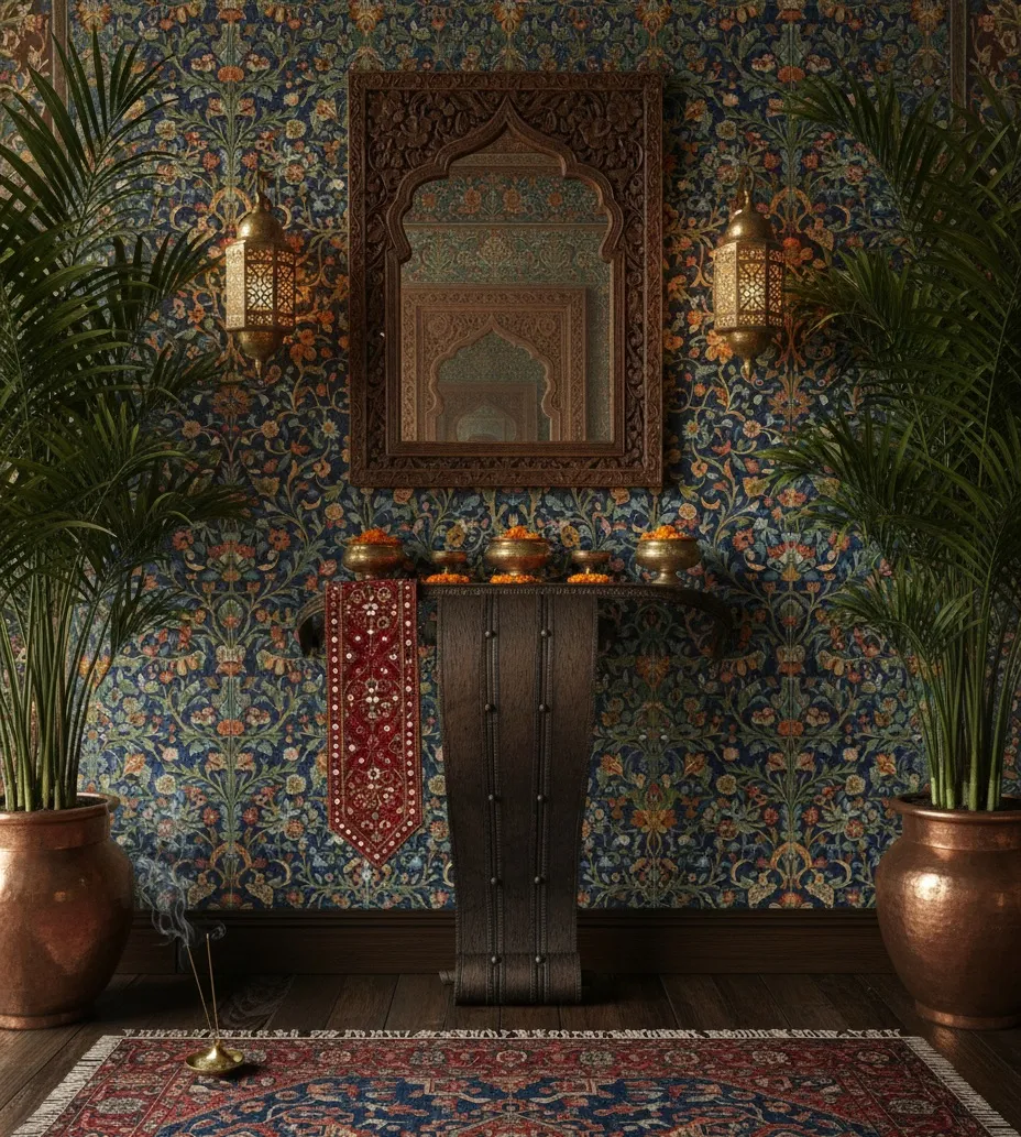 정교하게 장식된 고대 콘솔과 꽃