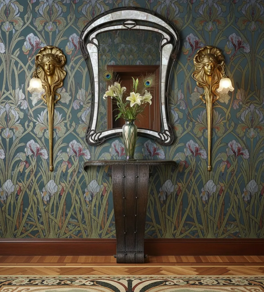Console ancienne avec miroir décoratif et fleurs