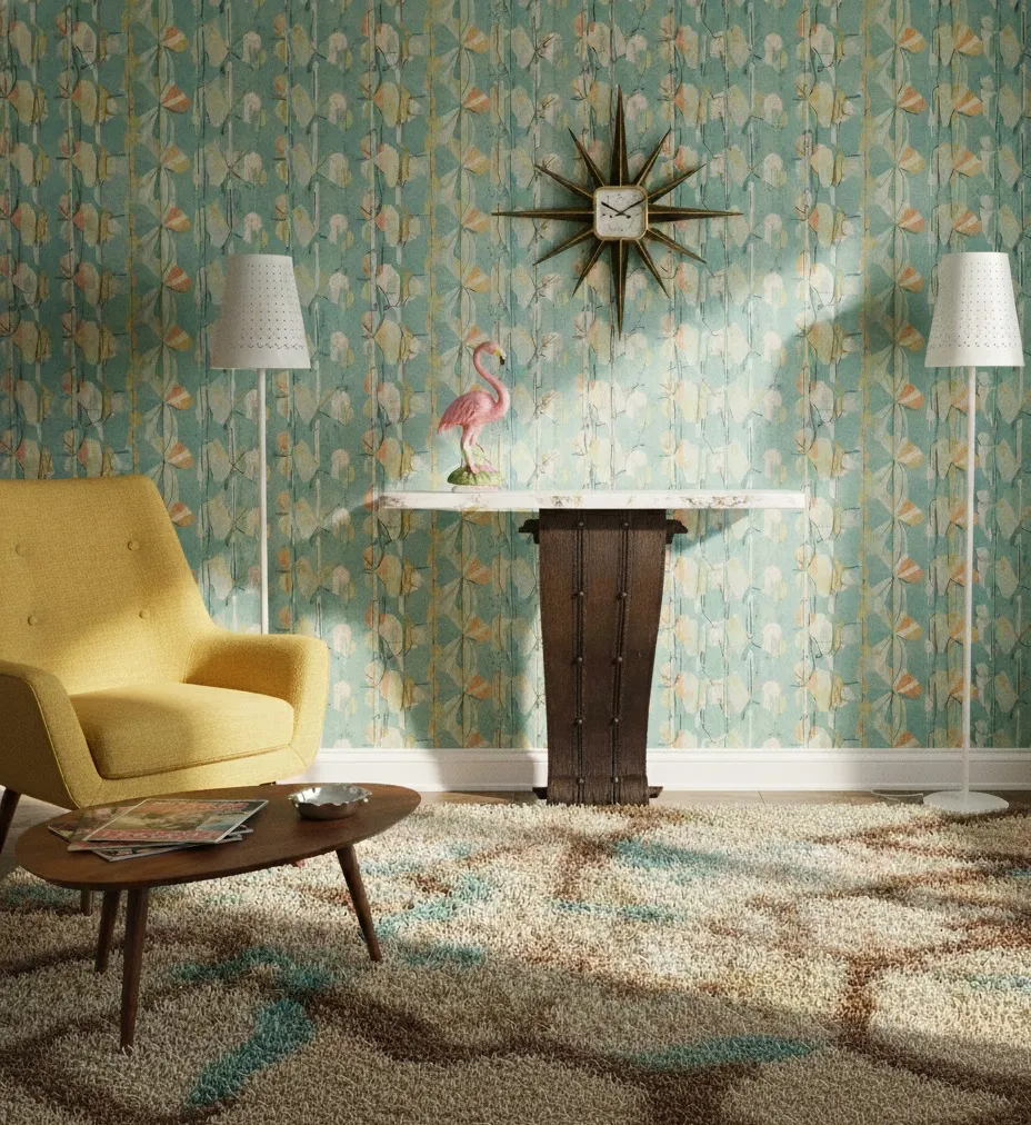 antiga consola decorativa com relógio e flamingo