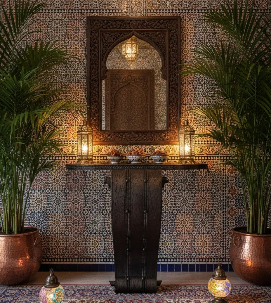 console antique art deco avec miroir, ornée de plantes