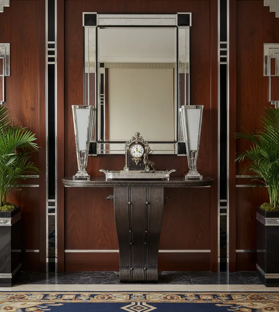 Antique art deco console with elegant mirror and decor.