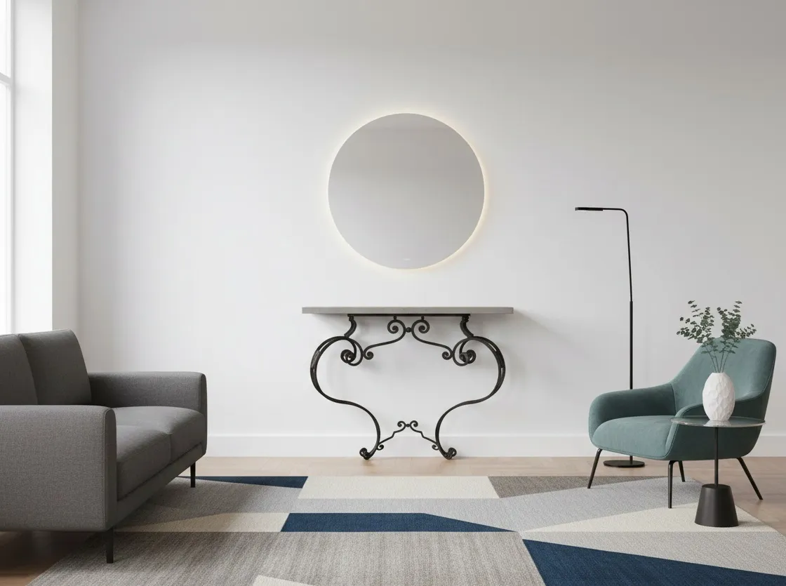 Consala antiga com design artístico em ambiente moderno.