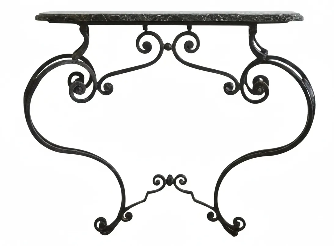 古董控制台桌，带有曲线腿和大理石顶部