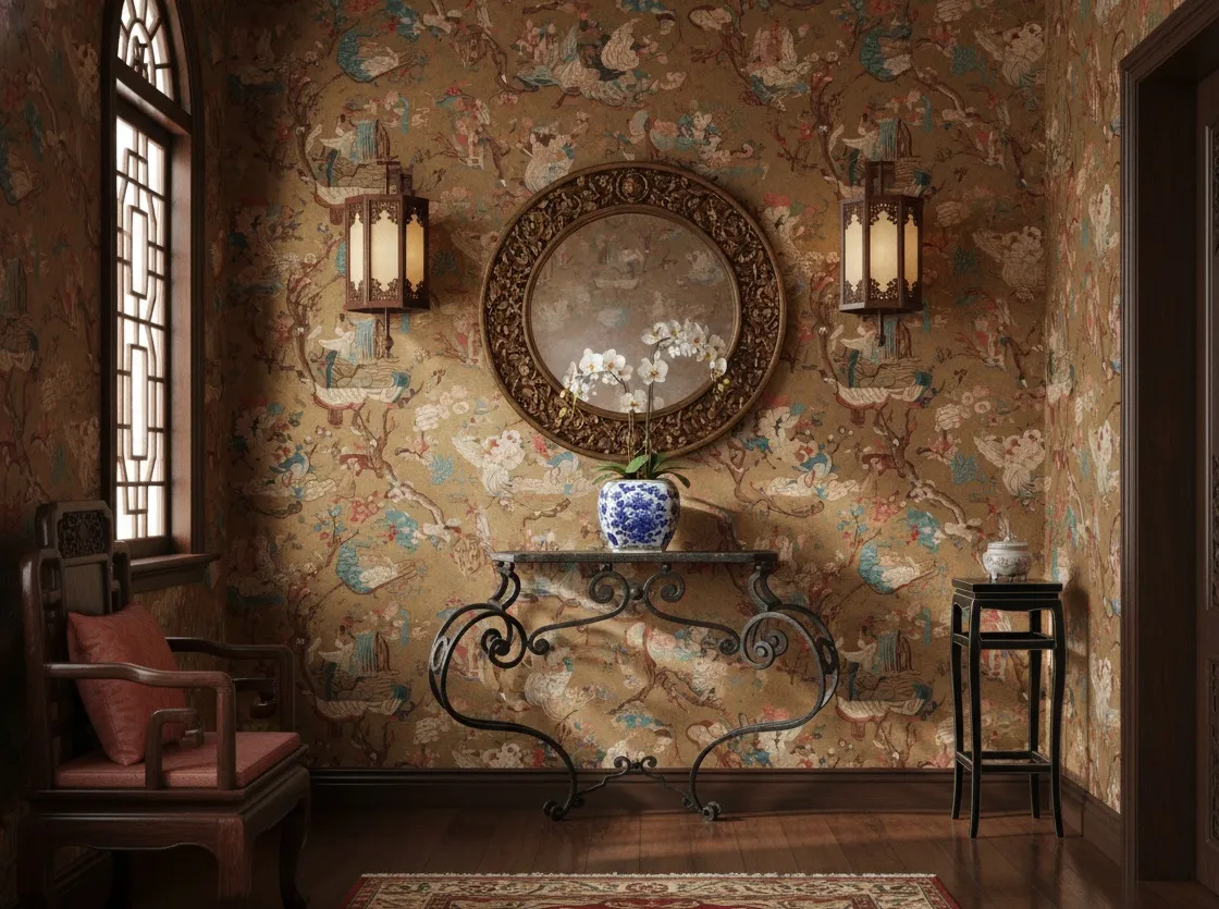 antiga consola decorativa preta com ornamentos art nouveau em um ambiente acolhedor