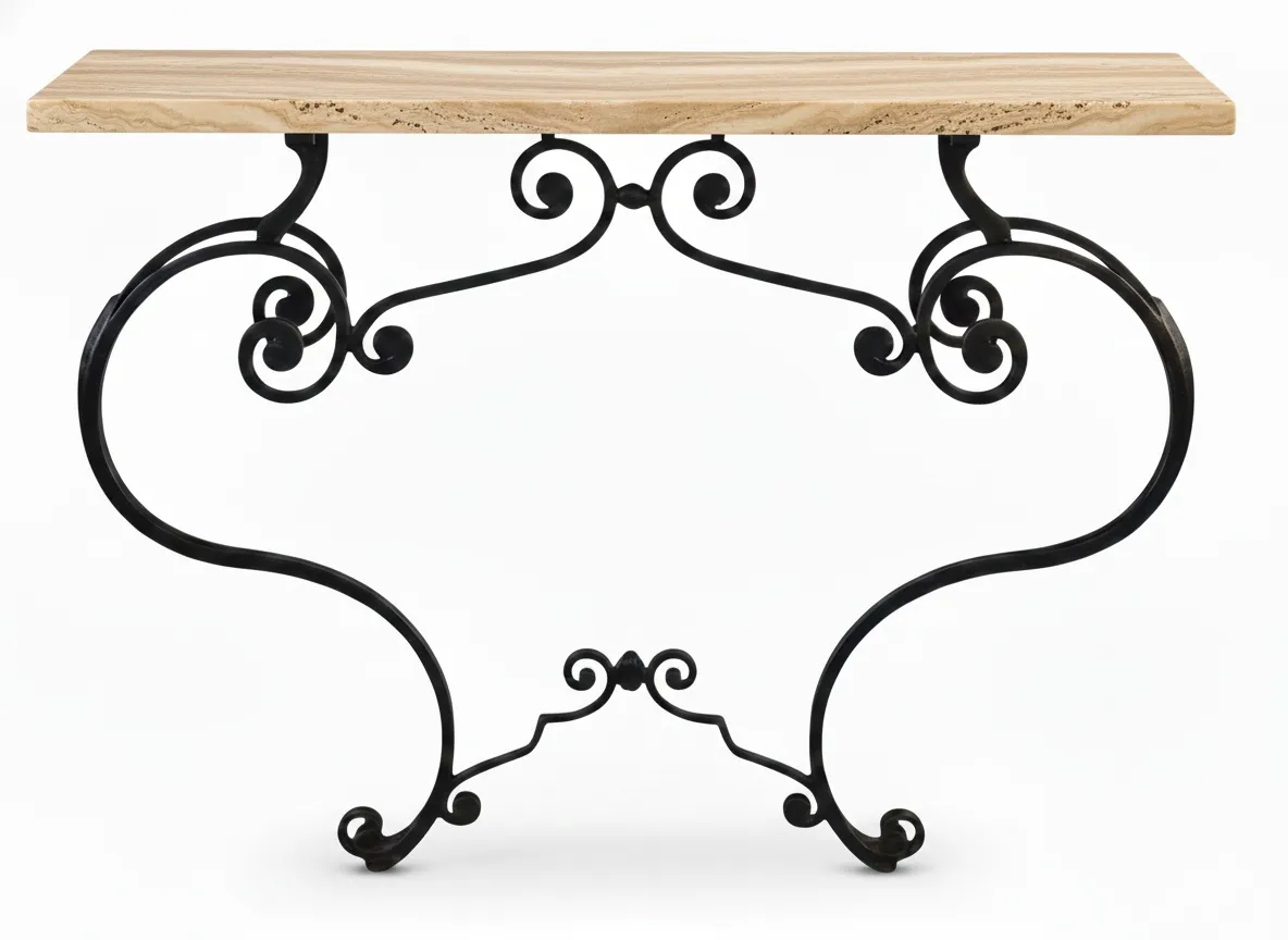 consola antigua con una superficie clara y patas de hierro decorativas
