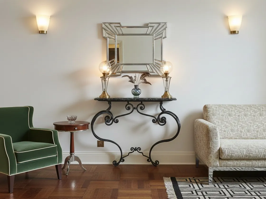 طاولة وحدة تحكم قديمة بأسلوب فن جديد مع مصابيح ومرآة