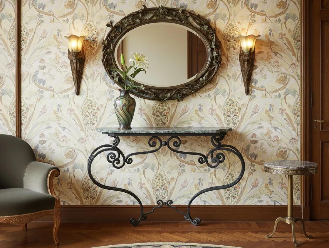 Console ancienne avec des détails art nouveau et miroir