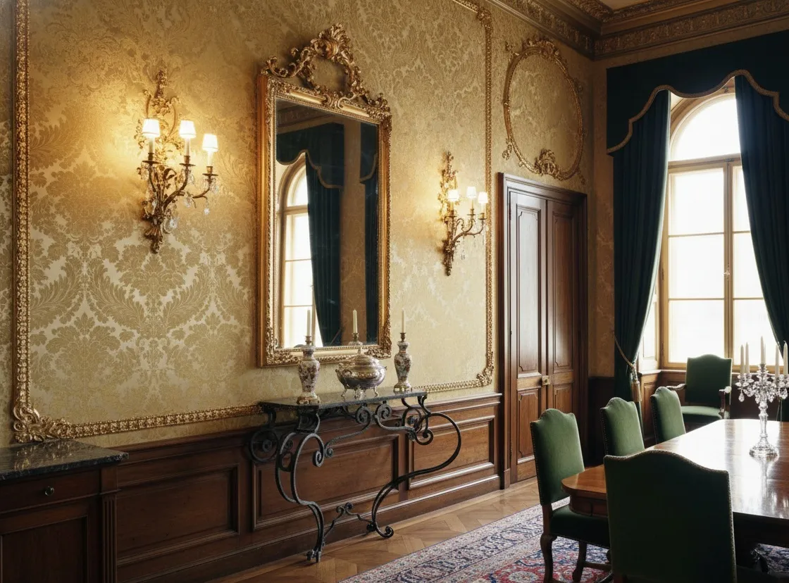 Antica consola decorativa in un ambiente elegante con specchi.