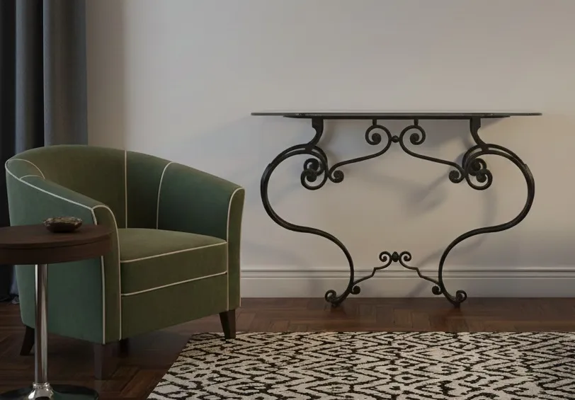 Consola antigua con diseño artístico y elegante en el fondo