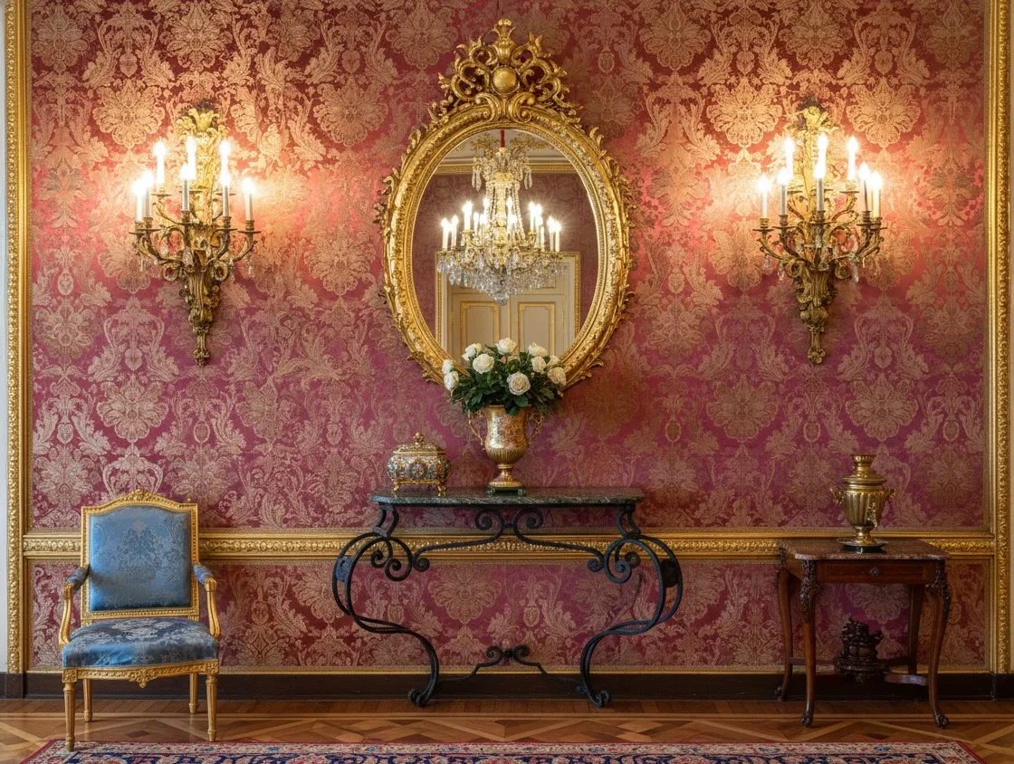 Antico dresuar in stile Art Nouveau con dettagli decorativi e uno specchio sullo sfondo.