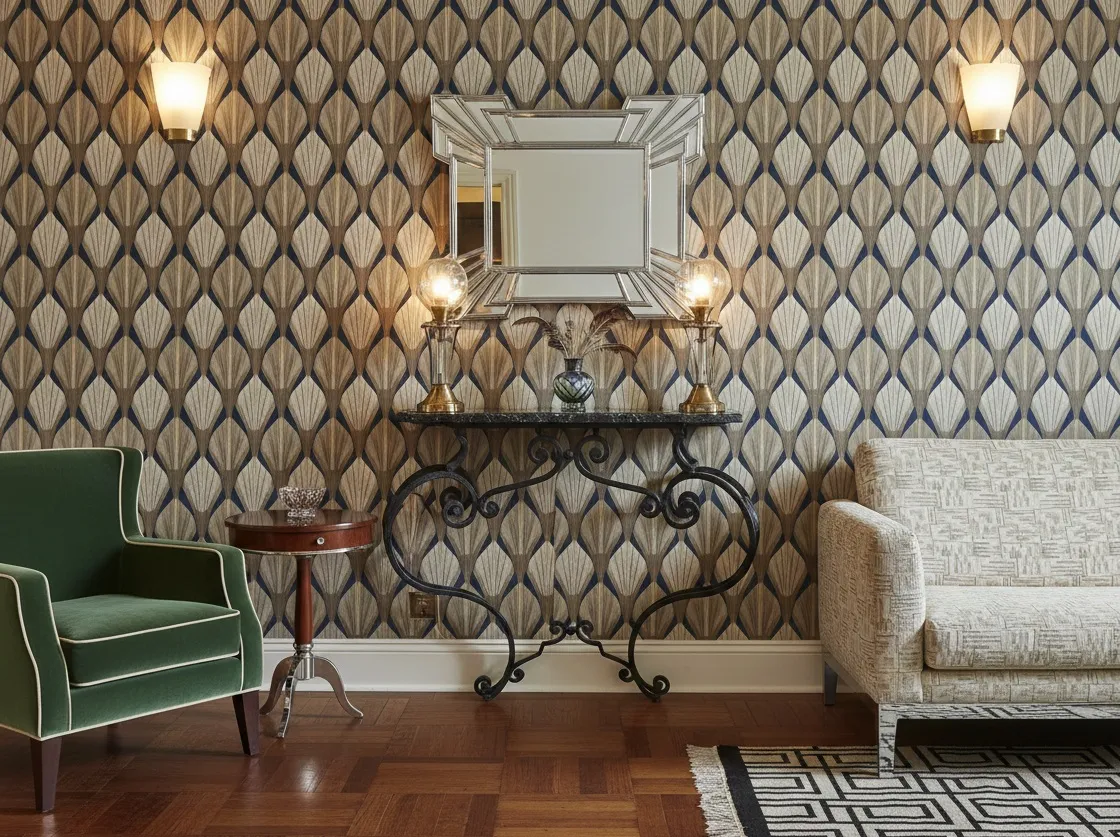 consola antigua de diseño art nouveau con espejo y lámparas