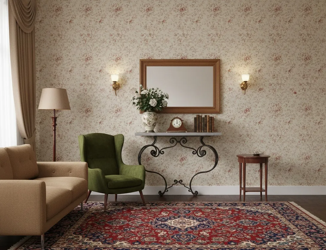 decorative antique console with mirror and flowers