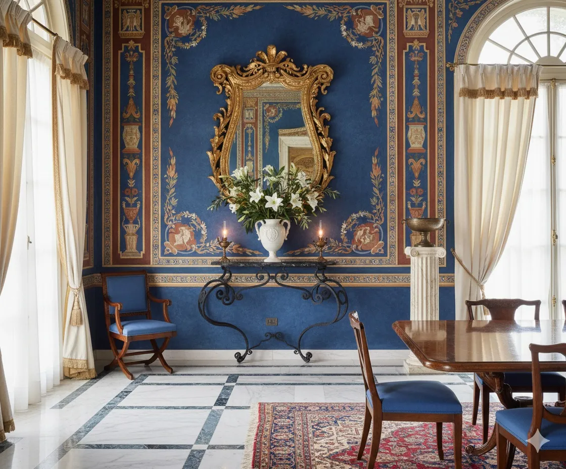 Antiga consola com elegantes decorações florais em um ambiente clássico