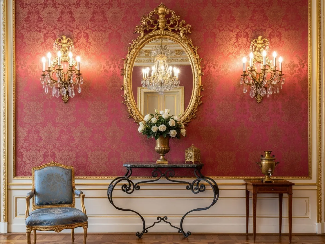 Consola antigua decorativa con flores y espejo brillante