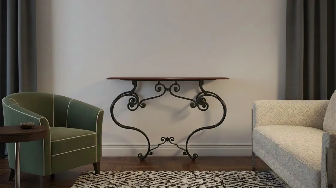 Consola antiga com detalhe artístico, ambientada em um espaço acolhedor.