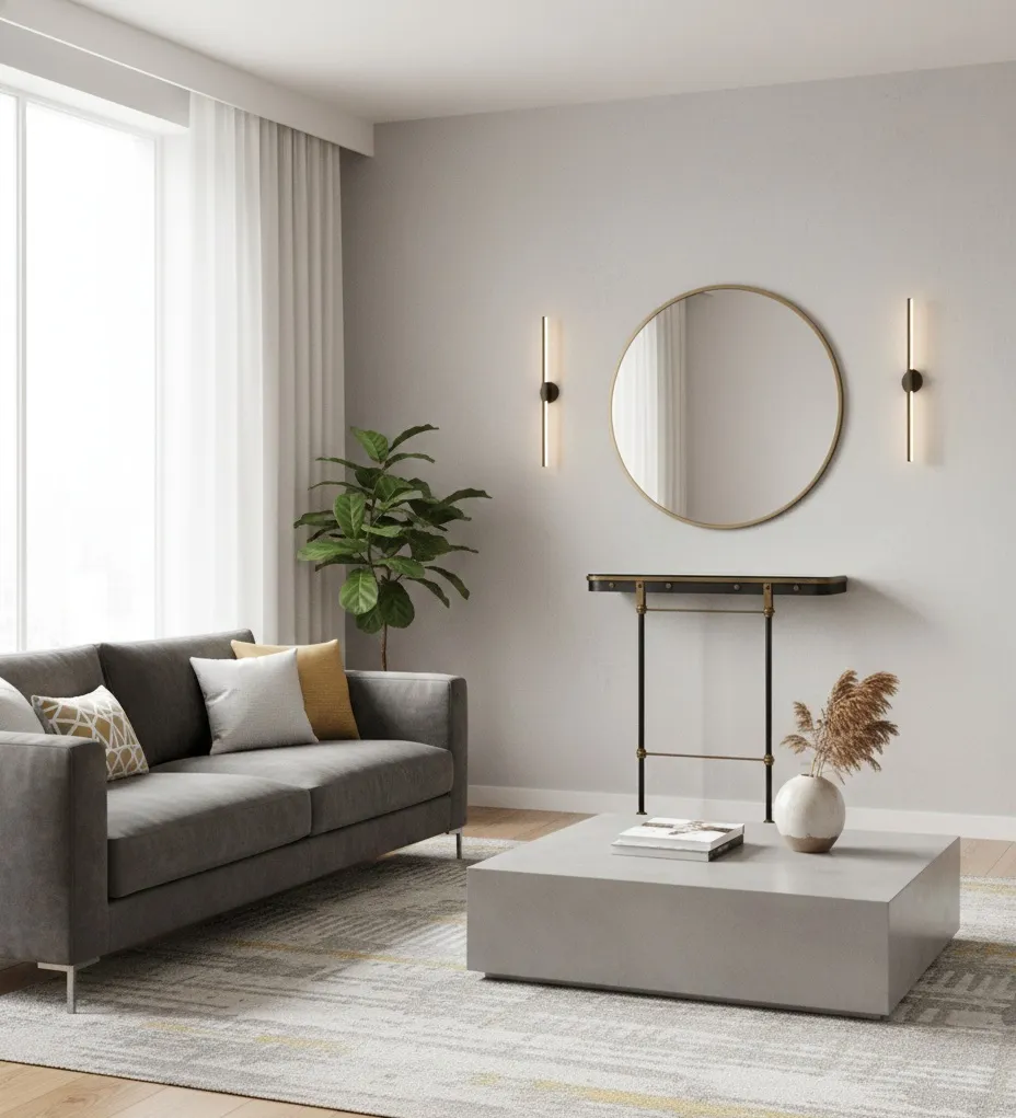 antiga consolo art deco em um ambiente moderno com sofá e plantas