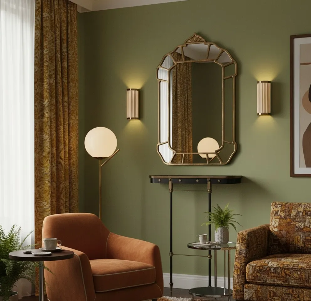 Consola antiga Art Deco em um ambiente acolhedor e moderno.