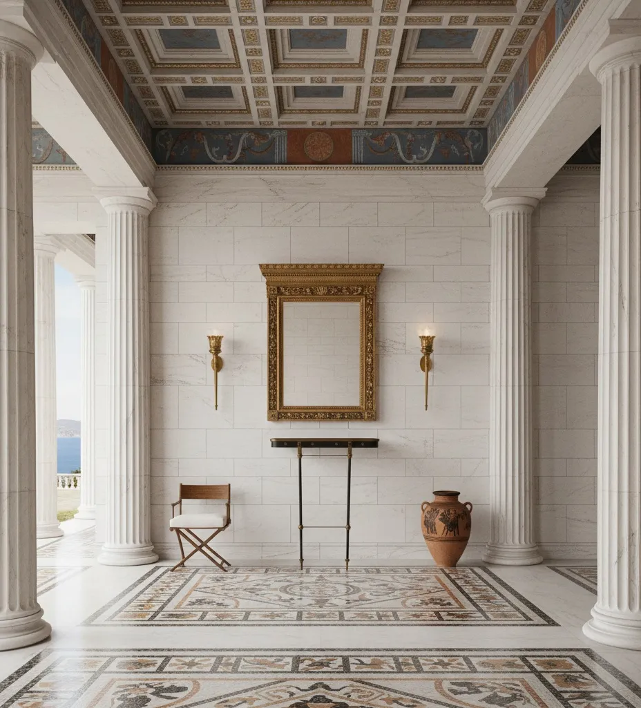 console antique Art Deco dans une chambre élégante avec des colonnes et un miroir