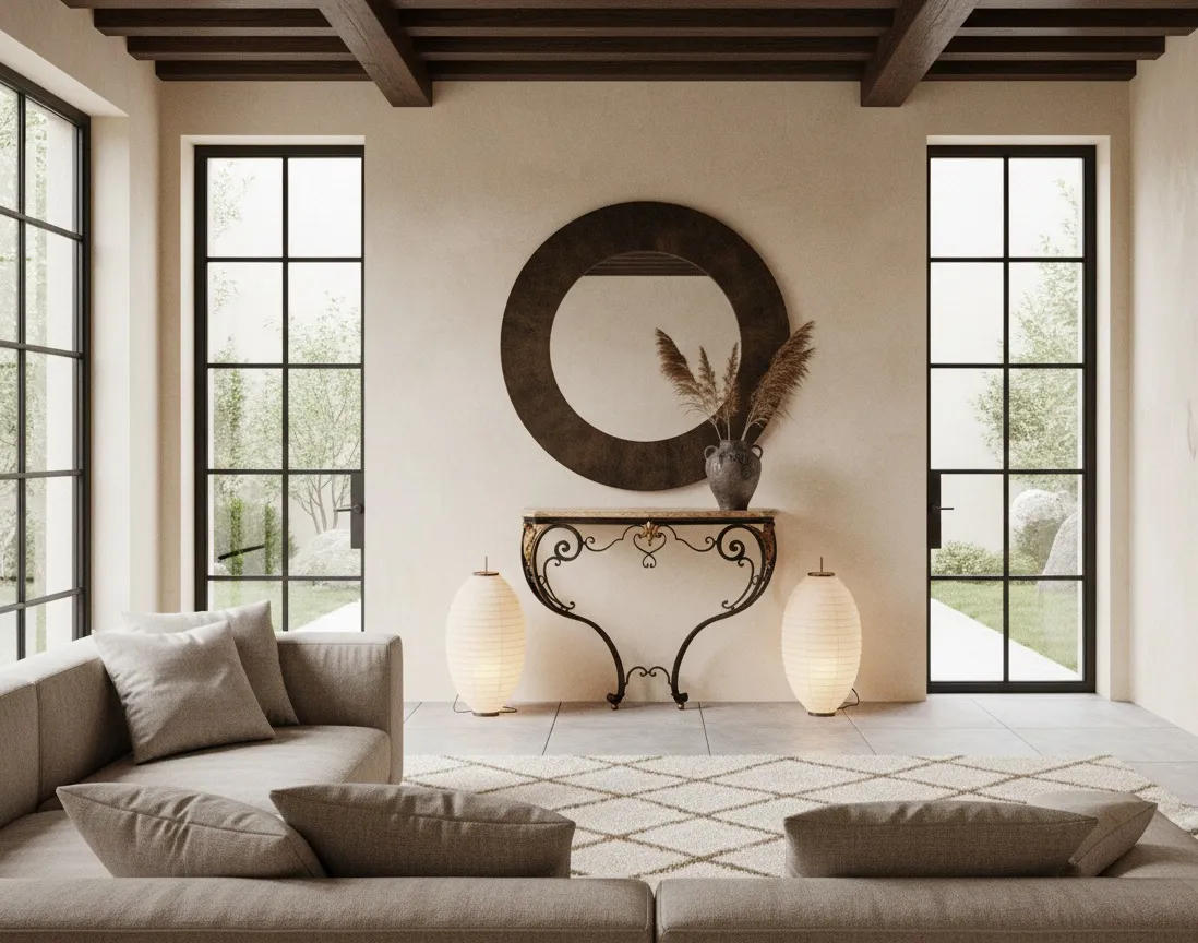 dresuar ancien avec décoration élégante, plantes et miroir