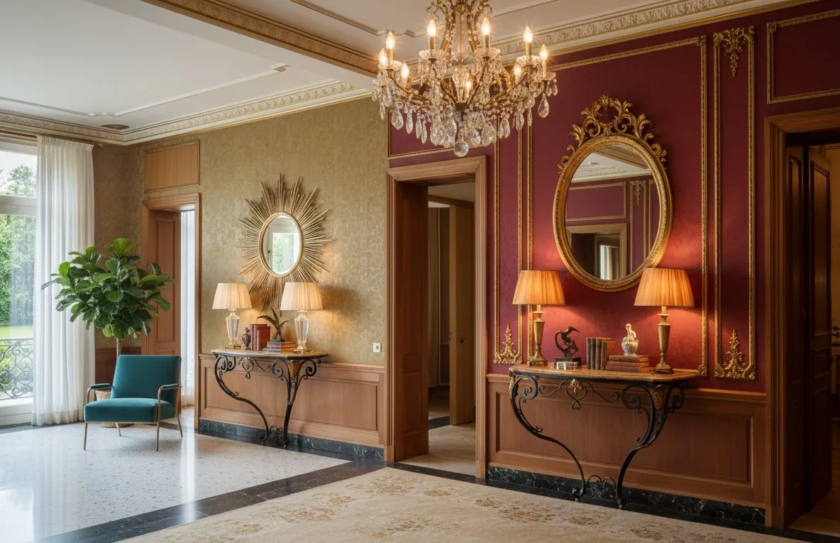 Dresuar ancien avec détails décoratifs, lampes et plantes.