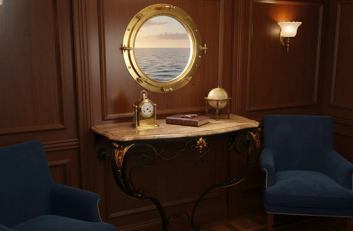 Antiguo mueble de consola decorativo junto a un reloj dorado