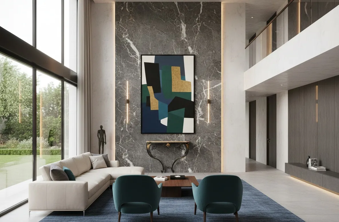 Consola antigua edgard brant en un ambiente moderno con arte abstracto.