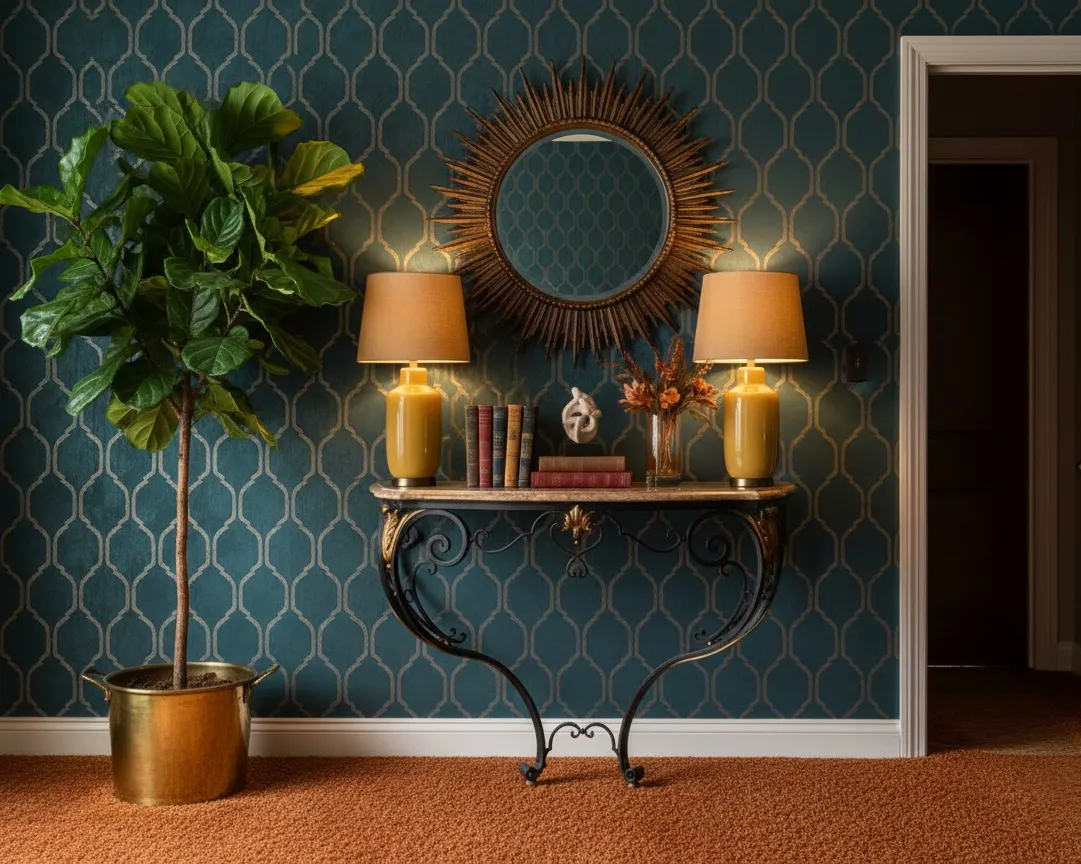 Consola antiga decorativa com lâmpadas e livros