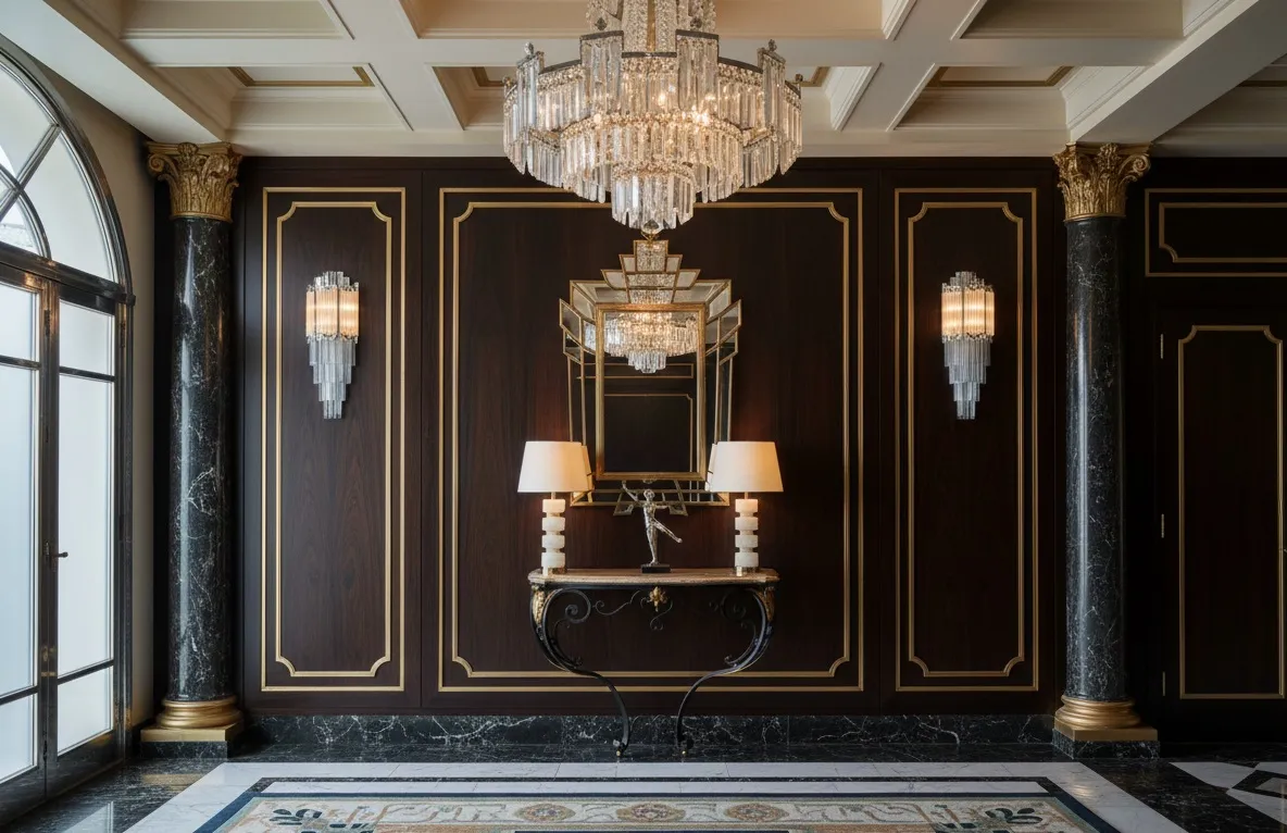 Consola antigua decorativa en ambiente elegante con candelabro.