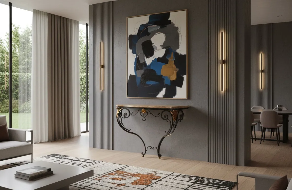 Antique console with decorative details, set in a modern environment.