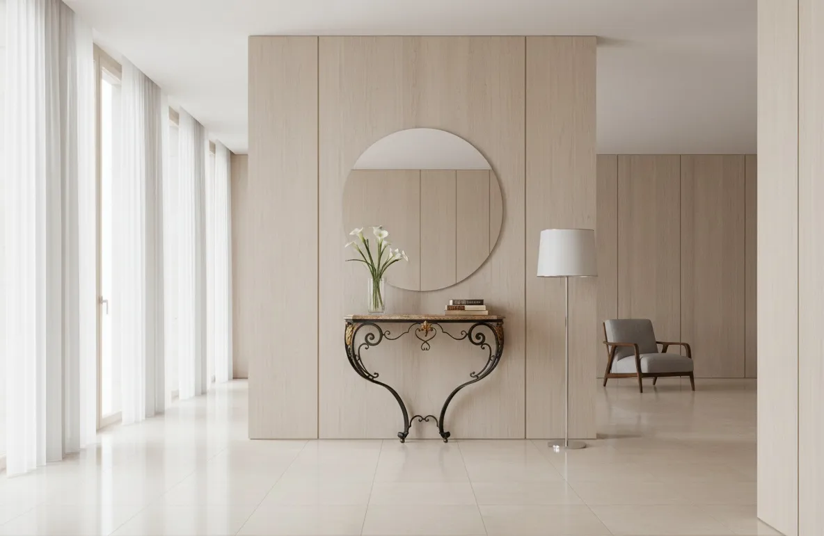 Antica console decorativa in un ambiente moderno con fiori.