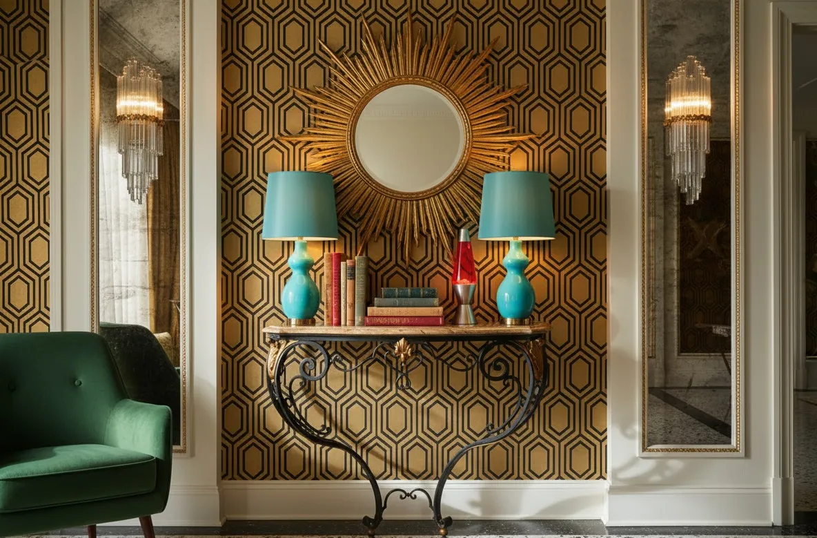 Ancien dresuar décoratif avec lampes et livres colorés.