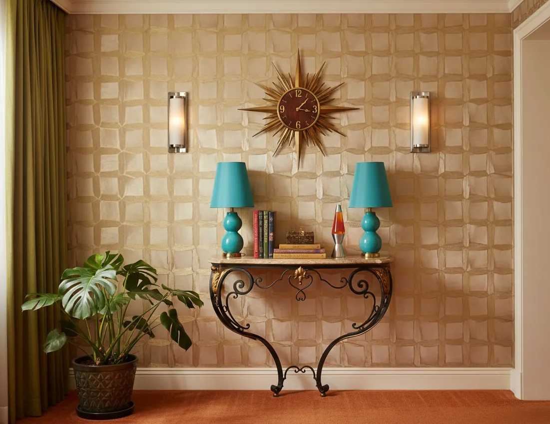 Consola antiga decorativa com lâmpadas e plantas