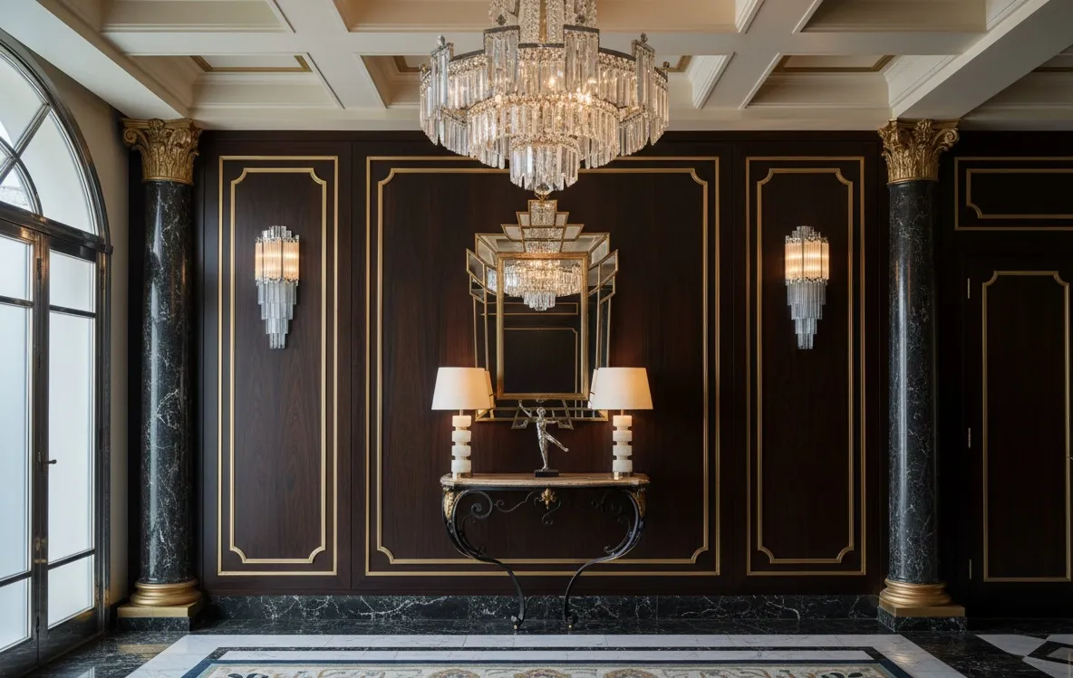 Antique console with white lamps and decorative mirror.