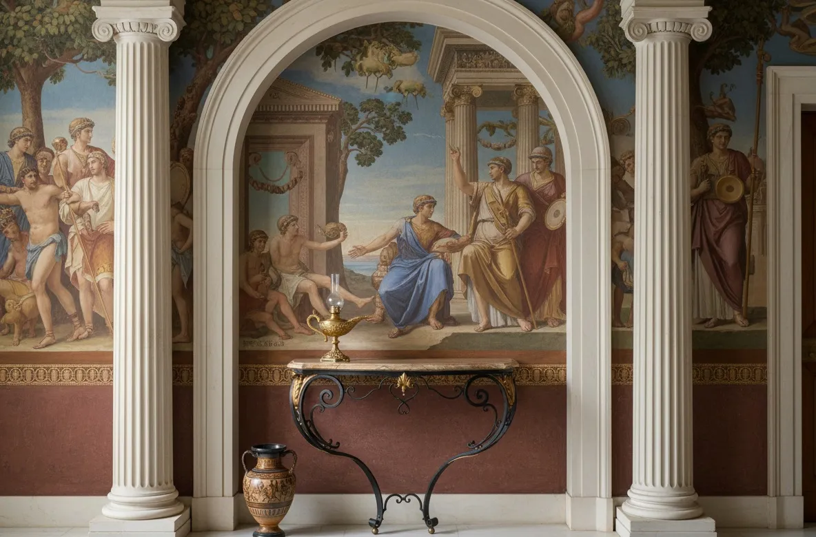 Consola antica decorativa con dettagli eleganti, in un ambiente classico.