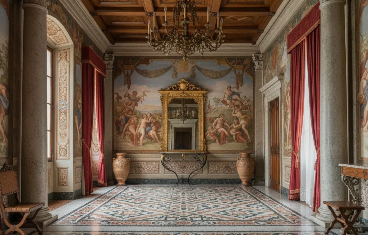console ancienne avec des accents dorés et un miroir