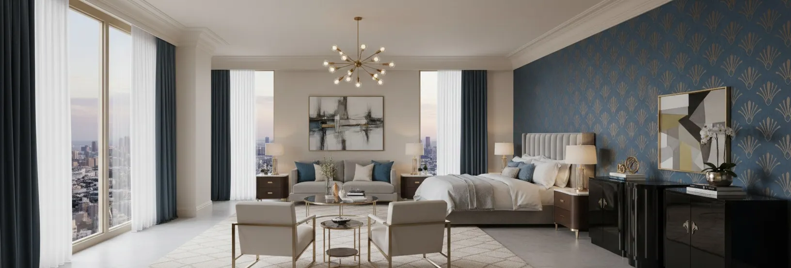 antique sideboard art deco in modern room with large windows