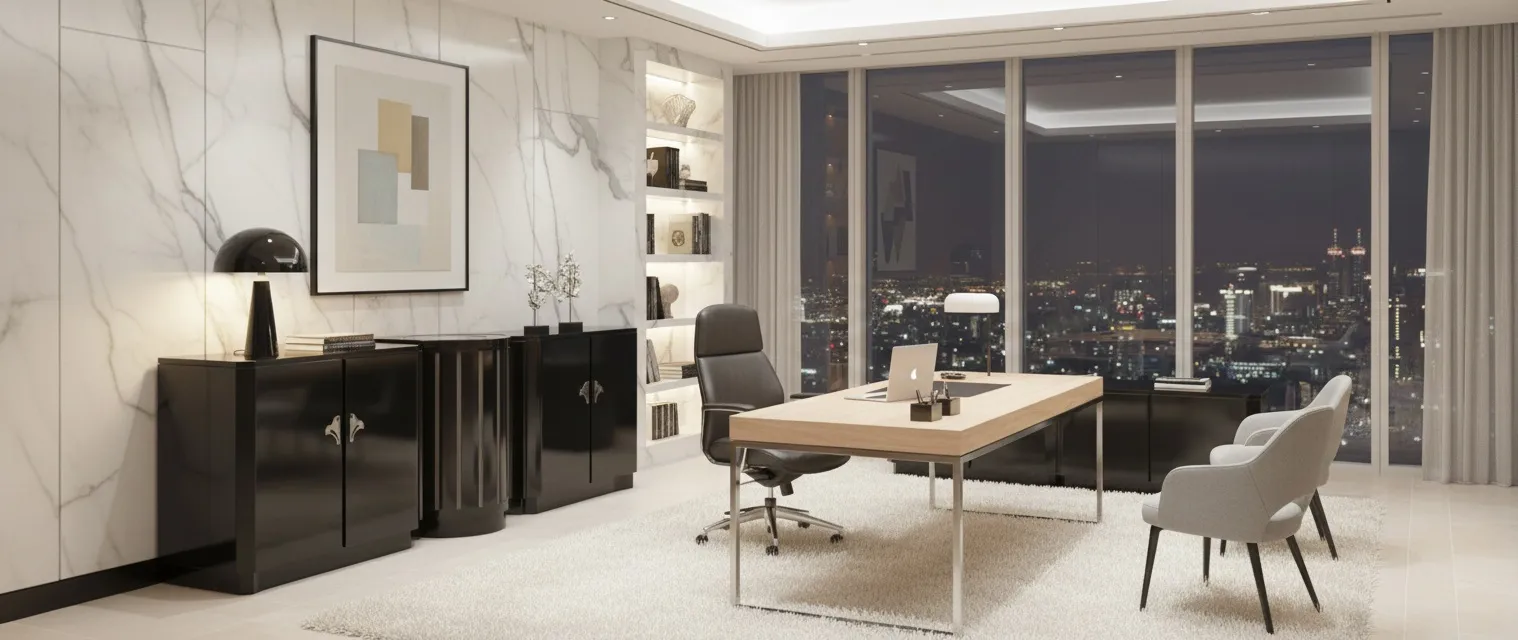 credenza antica art deco nera in un elegante ufficio