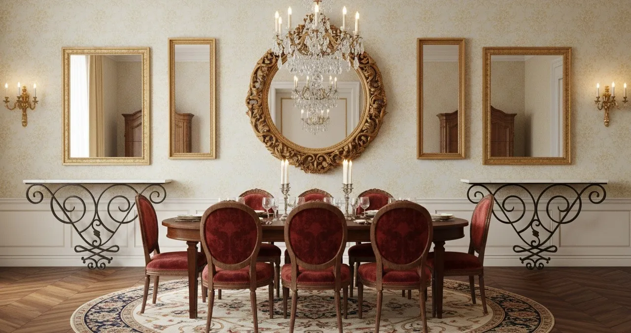 duas consoles antigas com detalhes elaborados em uma sala de jantar elegante