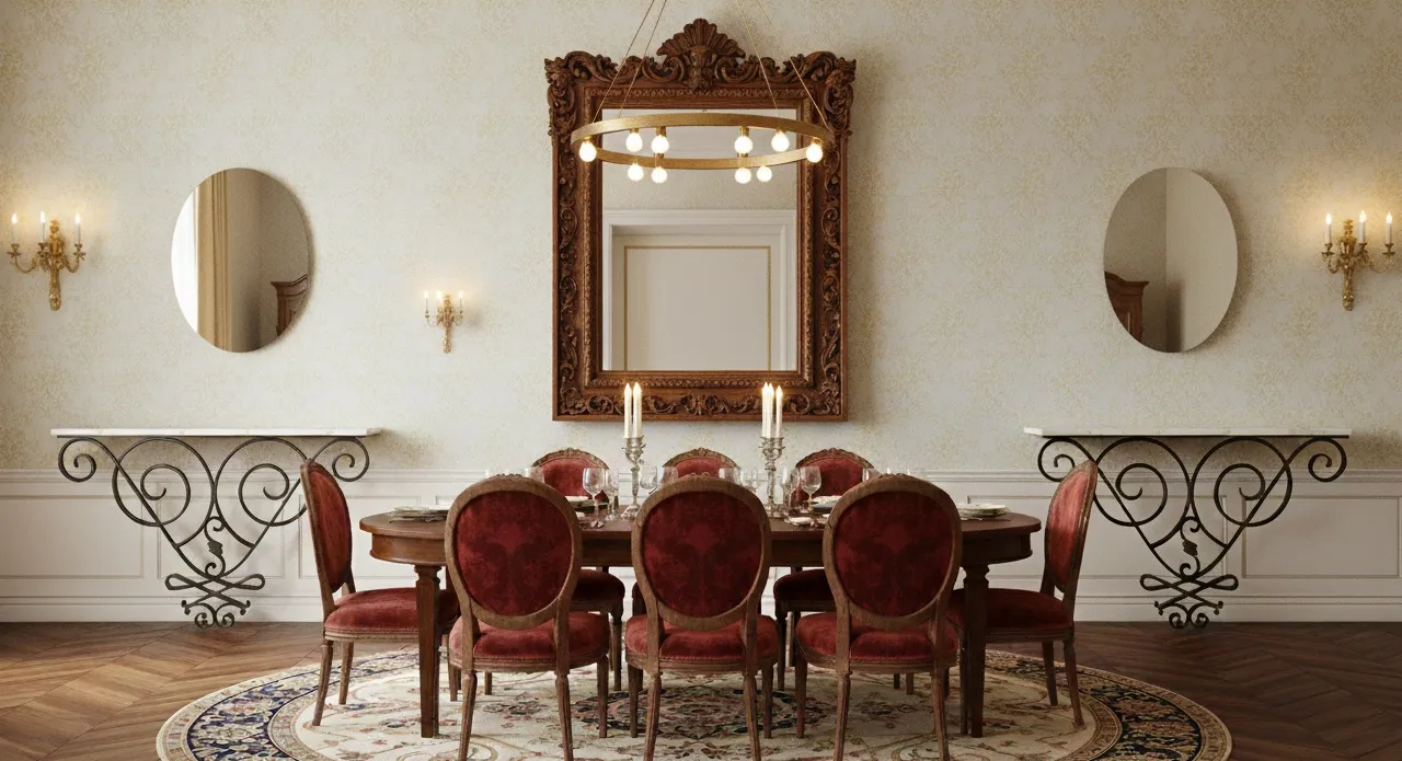 Due consolle antiche in una sala da pranzo elegante con candelabri