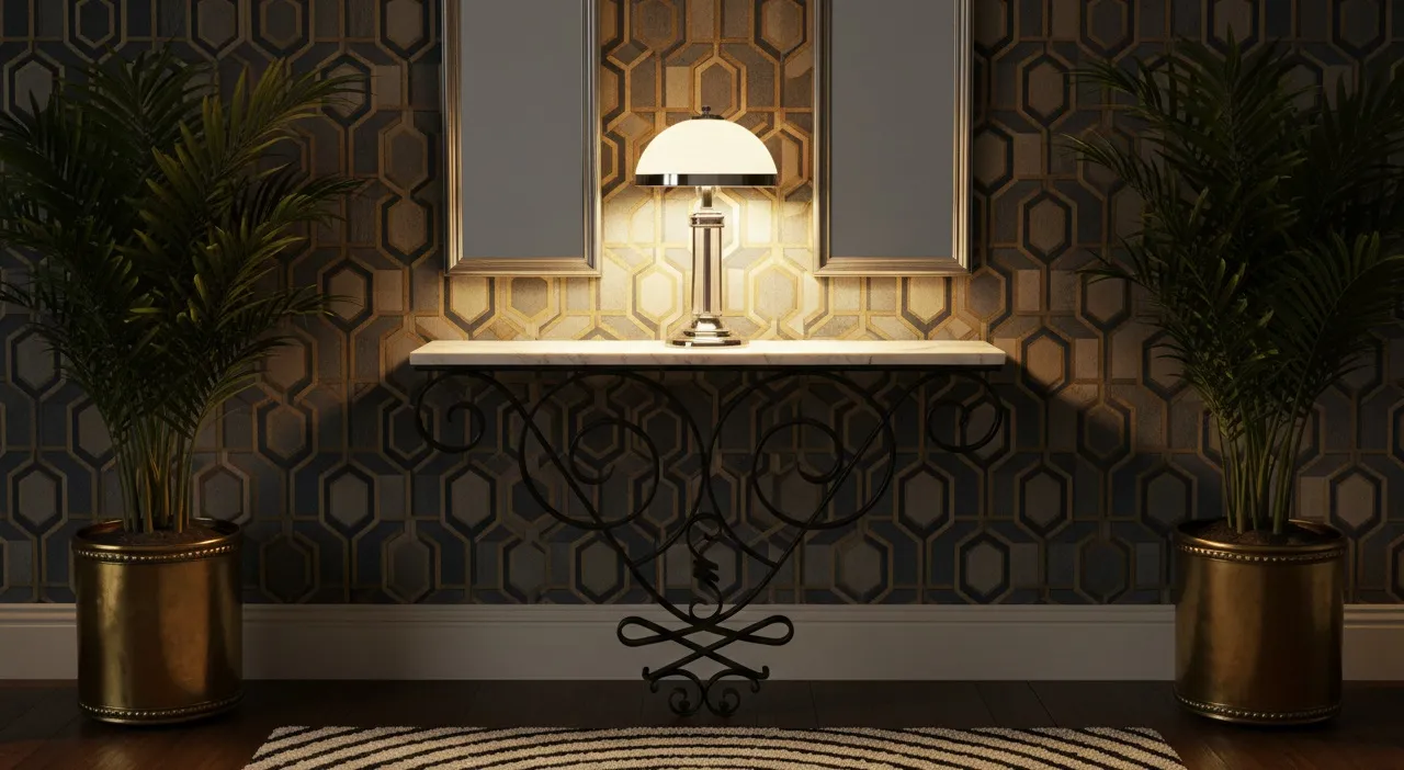 조명과 식물이 있는 고대 콘솔 테이블 두 개